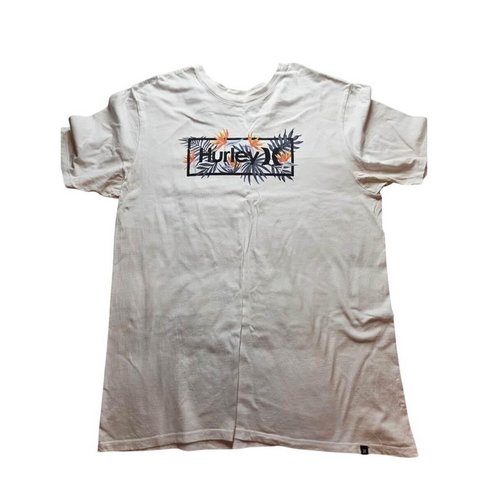 Hurley Mens Graphic T-Shirt White Tropical Floral Box Logo Short Sleeve Tee L
